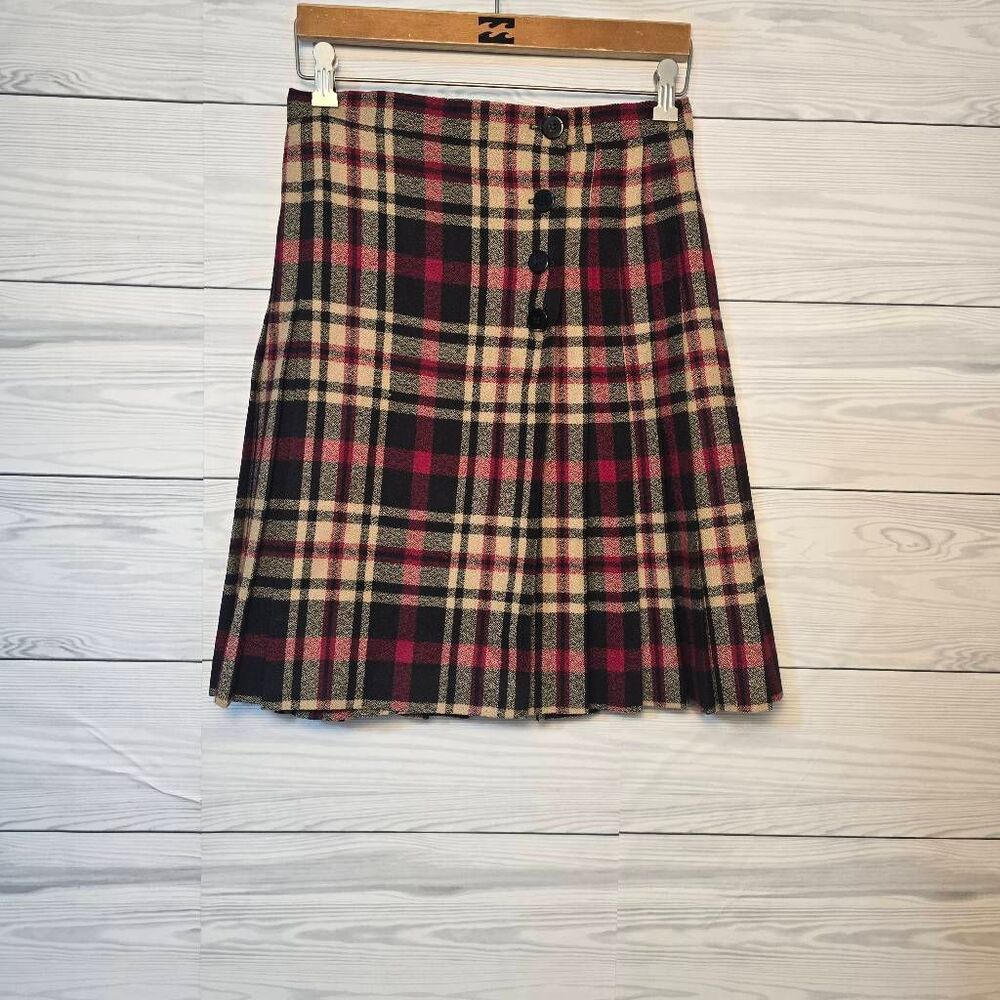 Talbots Vintage Red Black Khaki Plaid Pleated Wrap Wool Skirt 8 Academia Granola